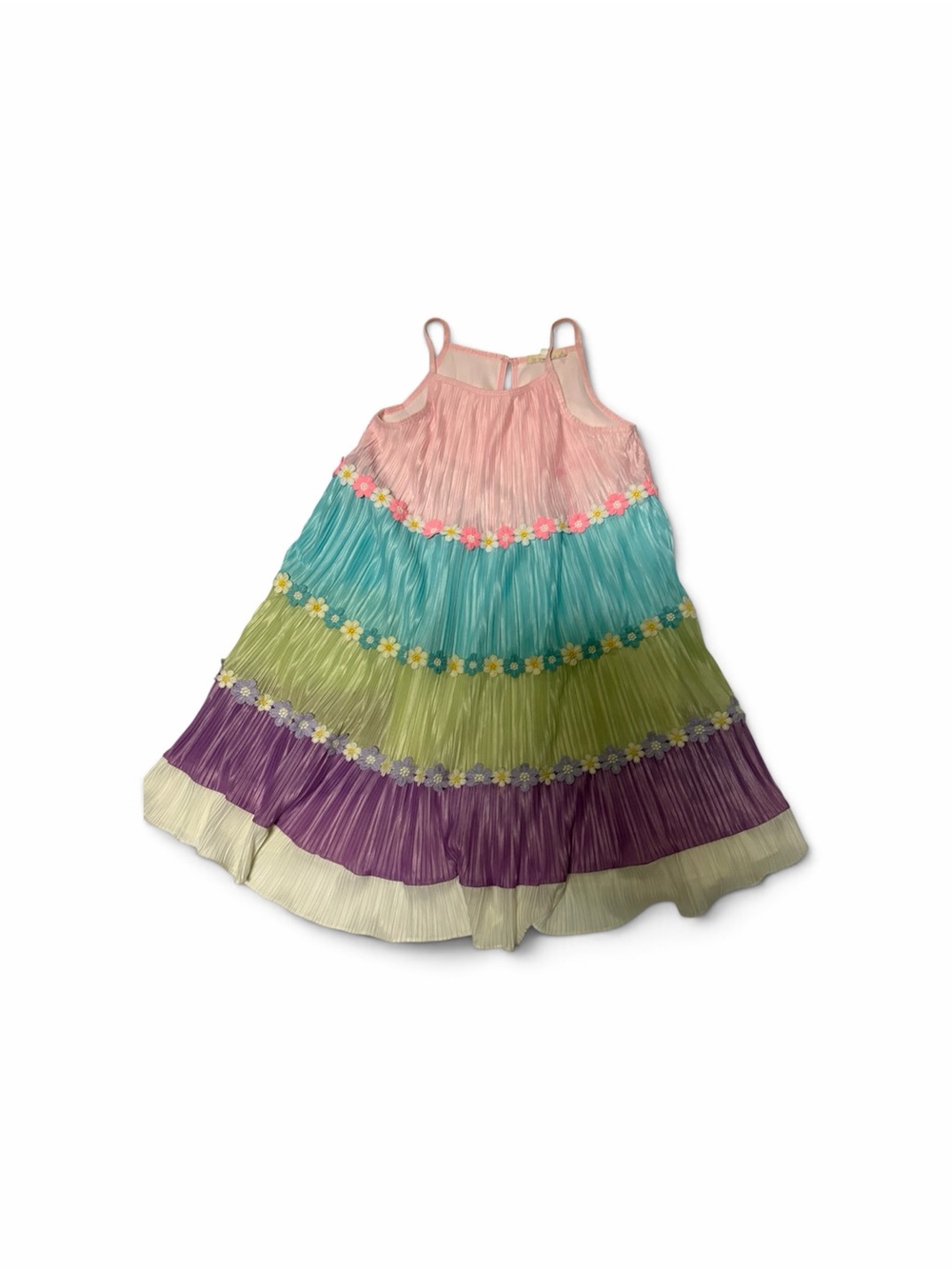 Hannah Banana Pink Aqua Green Purple Tiered Flower Trim Dress